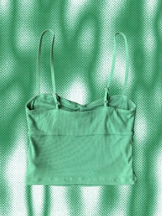 Green Ribbed Cami Crop Top Ruched Front Y2K Basic - Picture 2 of 3